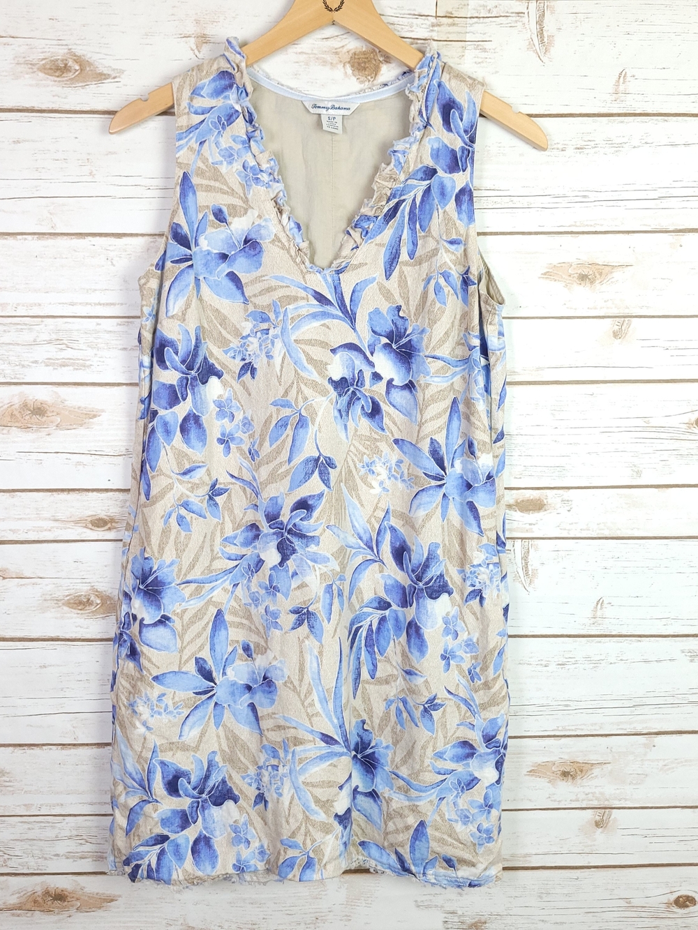 Tommy Bahama Dress Small Maya Meadows Ruffle Linen Blue Floral Sleeveless Pocket